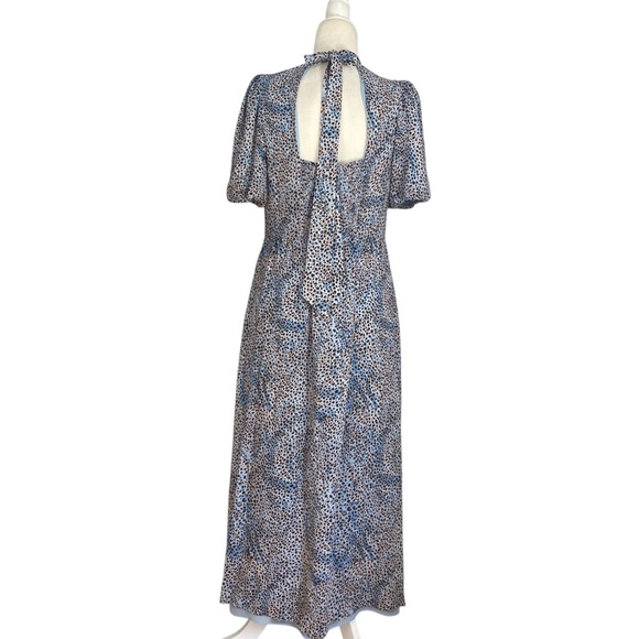 Whistles Blair Puff Sleeve Dress Women's Blue Midi Feminine Open Back Bow - Picture 5 of 13